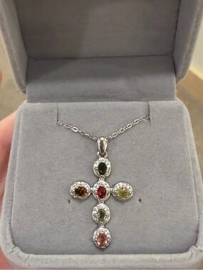 Natural Multi-Color Tourmaline .95CT Cross Pendant Necklace 925 Sterling Silver